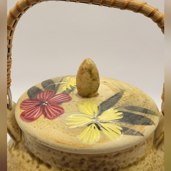 Nasco Teapot Japan Fine Stoneware Hand Painted Flowers Bamboo Wrapped Handle - Picture 2 of 13